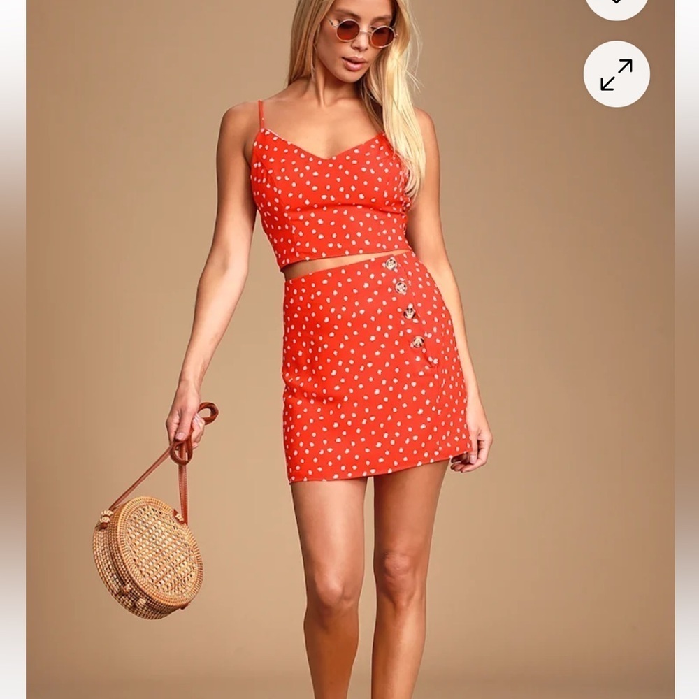 Lulu's Kalista Red Orange Polka Dot Side-Button Skirt and Crop Top Small